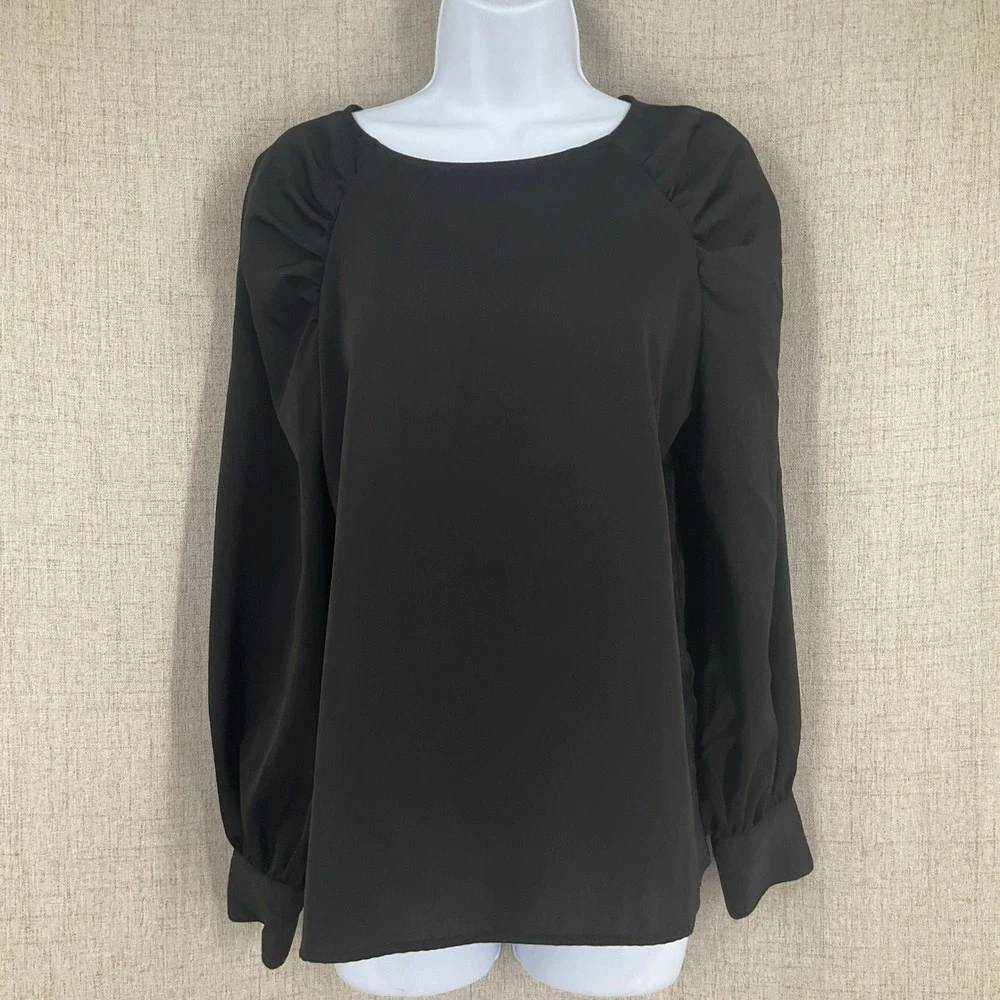 Banana Republic Blouse Women Small‎ Black Puff Sleeve Classic Minimalist Career